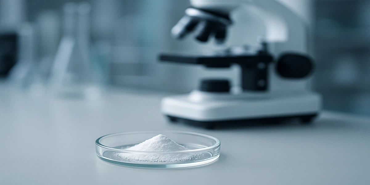 White crystalline powder in a petri dish with microscope in background White crystalline powder in a petri dish with microscope in background