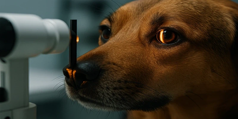 Dog undergoing slit lamp eye exam in veterinary clinic Dog undergoing slit lamp eye exam in veterinary clinic