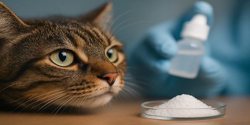 Cat next to crystalline drug powder and dropper bottle in veterinary lab Cat next to crystalline drug powder and dropper bottle in veterinary lab