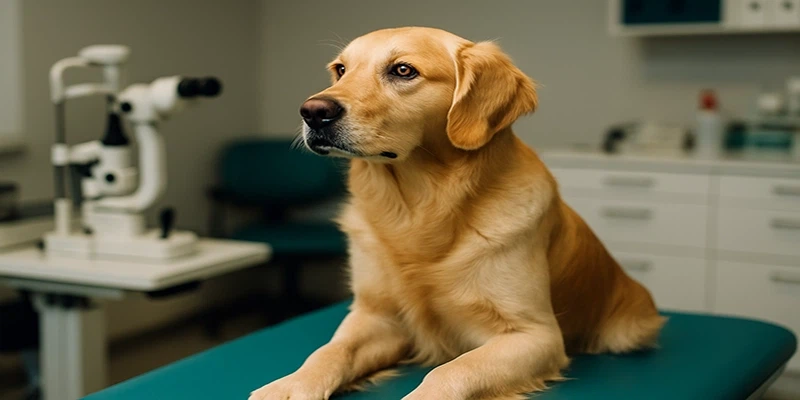 Golden retriever on exam table with ophthalmic equipment in veterinary room Golden retriever on exam table with ophthalmic equipment in veterinary room