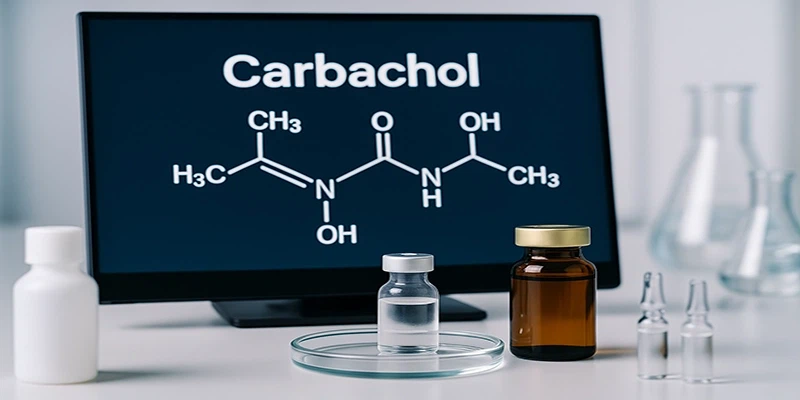 Carbachol molecular structure on screen with bottles and ampoules on lab table Carbachol molecular structure on screen with bottles and ampoules on lab table